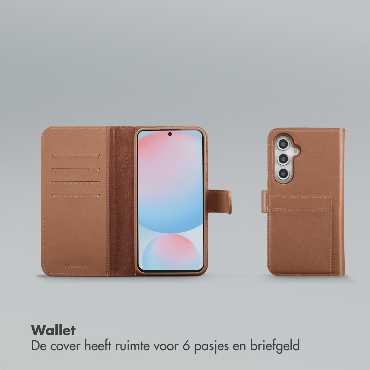 Bruin leren telefoonhoesje open met telefoon erin en gesloten met kaartsleuf. Tekst: Portemonnee, De cover heeft ruimte voor 6 pasjes en briefgeld.