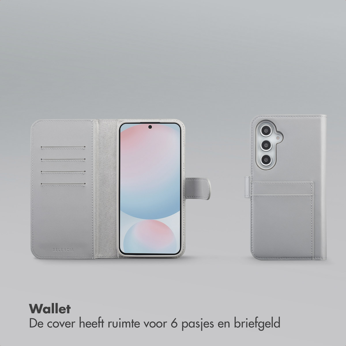 Een lichtgrijze telefoonportemonnee met een telefoon erin en een zicht op de achterkant. De hoes is open en toont kaartsleuven.