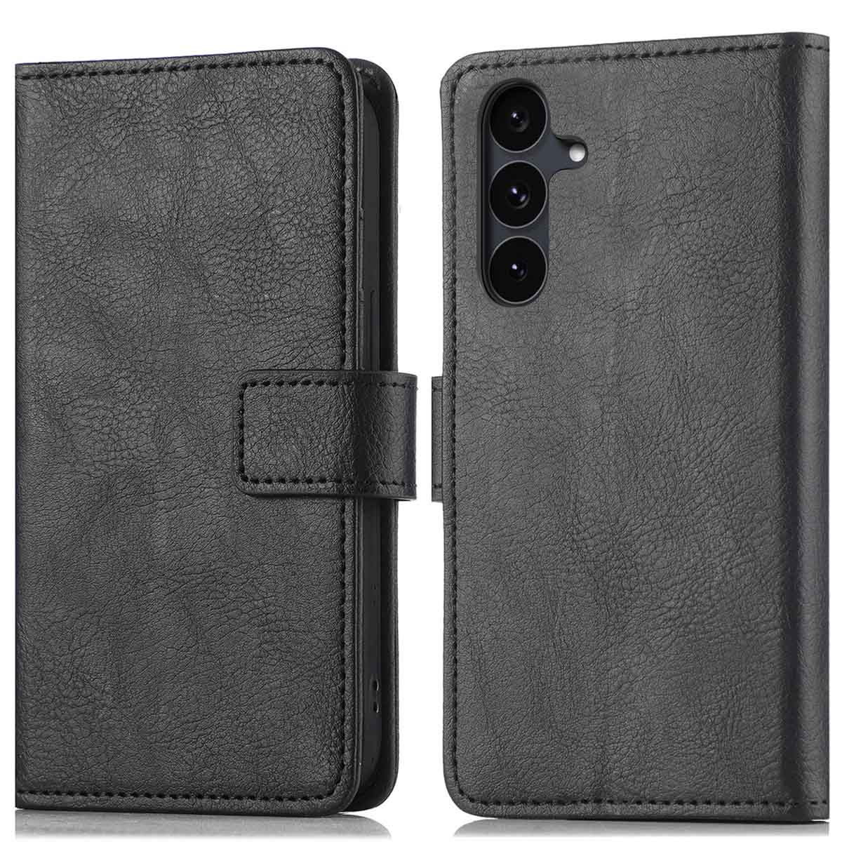 Un étui de téléphone en cuir noir, ouvert, montrant l'intérieur et le téléphone. Il a une fermeture magnétique et des détails de couture.