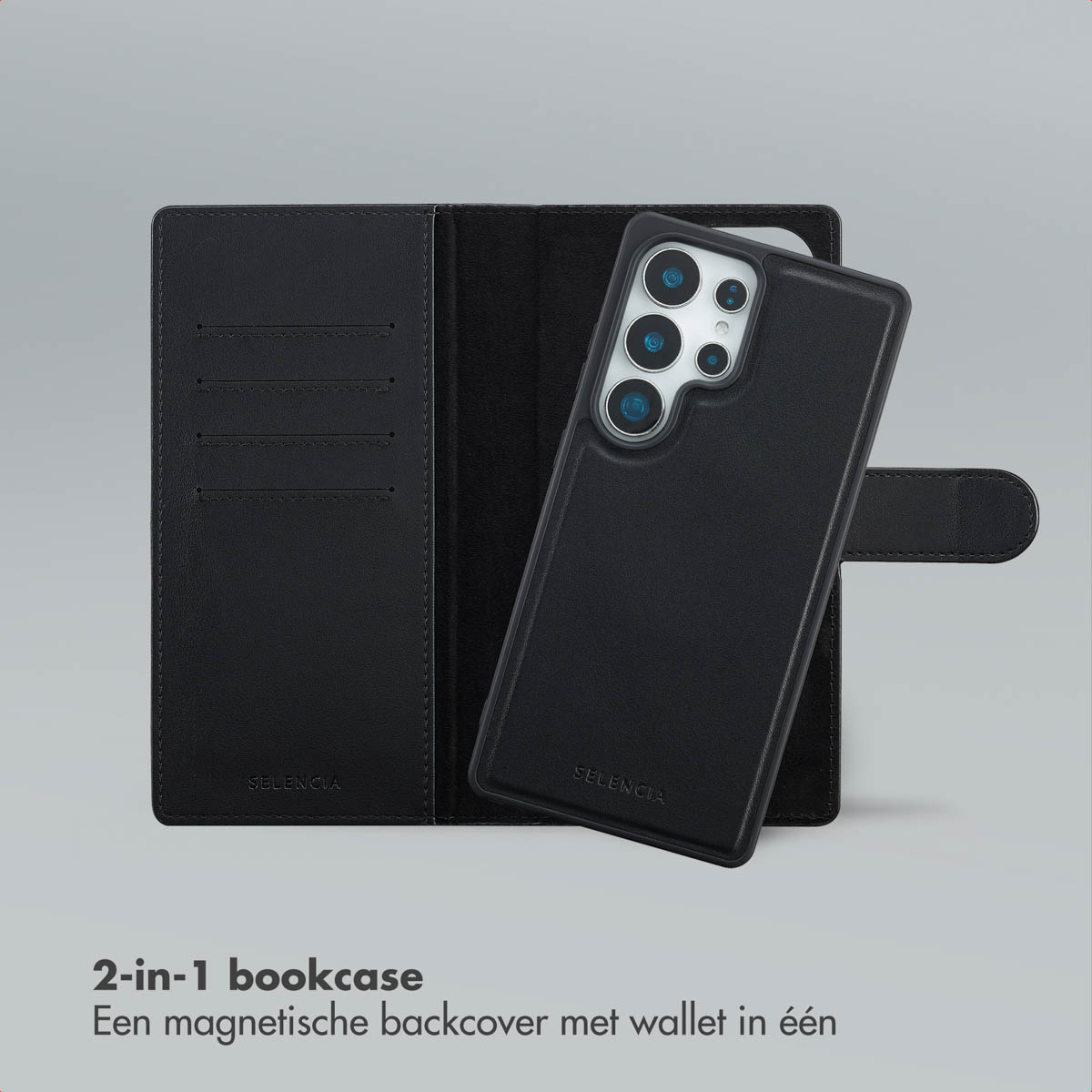 Étui de téléphone noir ouvert avec emplacements pour cartes et dos magnétique. Le téléphone est dedans. La marque est Selencia.