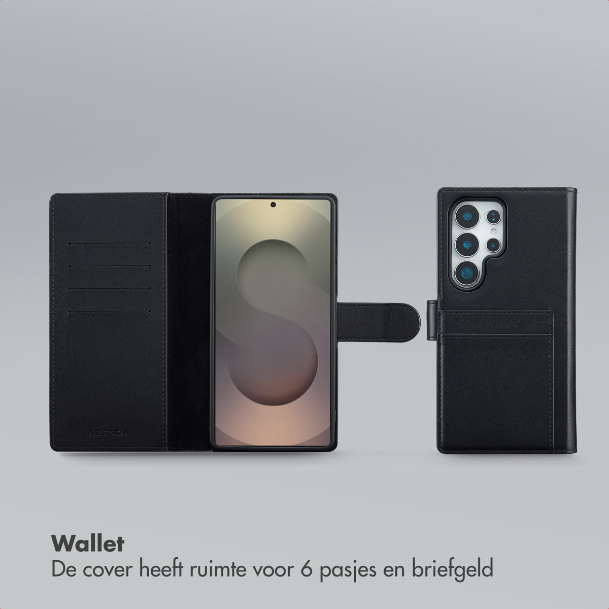 Un étui portefeuille noir avec un téléphone à l'intérieur. L'étui ouvert montre des fentes pour cartes, un téléphone avec écran et un étui fermé.