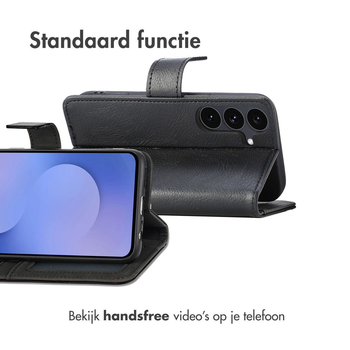 Étui de téléphone noir avec un téléphone à l'intérieur, écran avec fond bleu et blanc. Texte : Fonction standard, Regardez des vidéos mains libres sur votre téléphone.