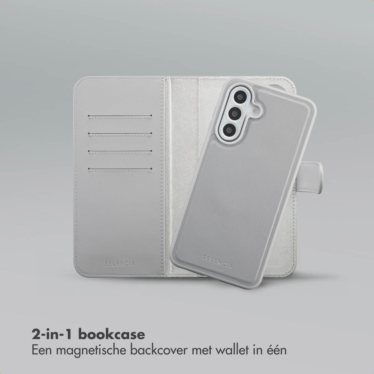 Een lichtgrijze telefoonhoes met portemonnee-ontwerp. De hoes is open en toont kaartsleuven en een magnetische achterkant. De merknaam 'SELENCIA' is zichtbaar.