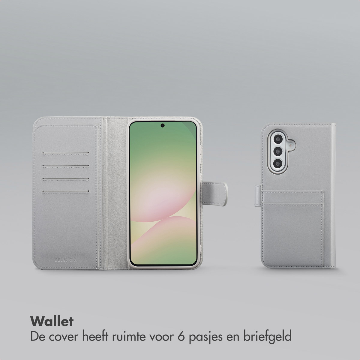 Een lichtgrijze portemonnee-telefoonhoes. De open hoes onthult een telefoon en kaartsleuven. De gesloten hoes toont de camera-uitsparing en de sluiting.