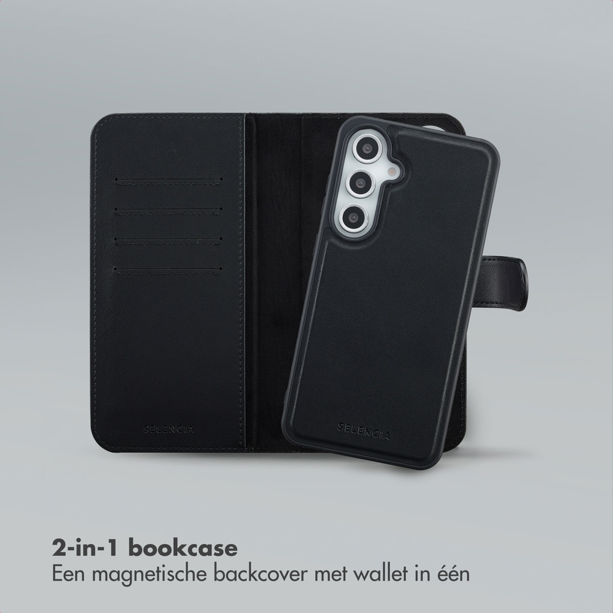 Een zwarte 2-in-1 telefoonhoes met portemonnee-functie. De hoes is open en toont de telefoon en de portemonnee-secties.