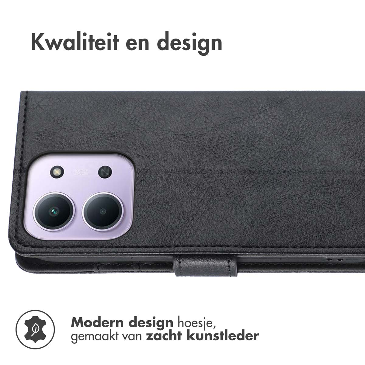 Zwarte telefoonhoes met camera-uitsparingen. De hoes is gemaakt van zacht imitatieleer. De tekst luidt 'Kwaliteit en design'.