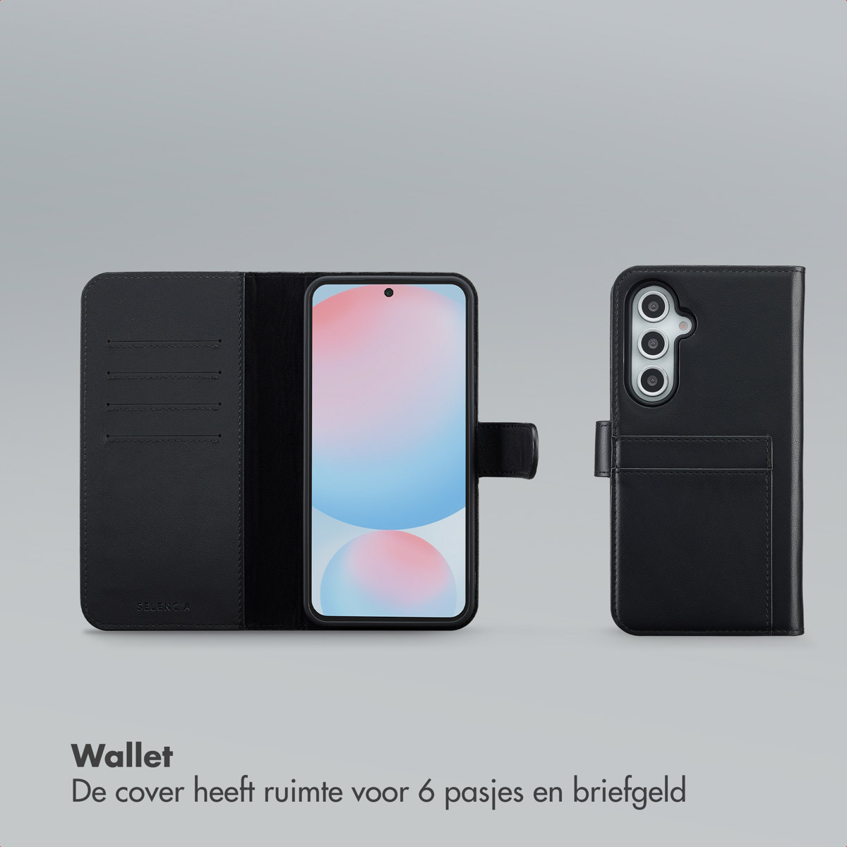 Zwarte telefoonportemonnee met telefoon erin. Toont voor- en achterkant. De voorkant heeft een telefoon en de achterkant cameraholes.