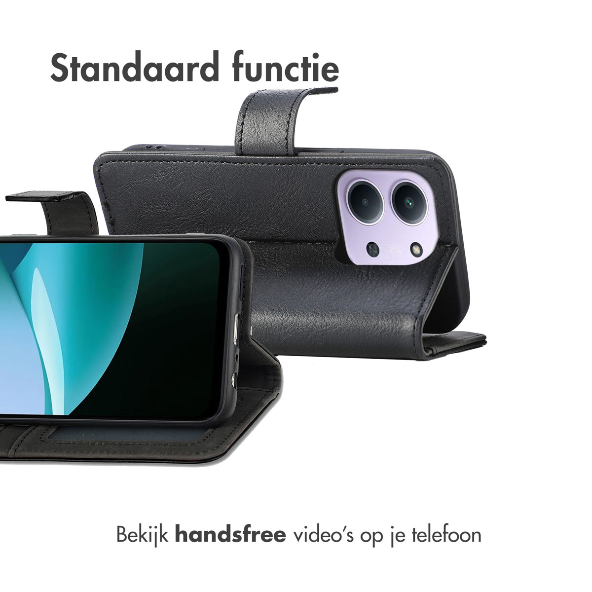 Een zwarte telefoonhoes met een telefoon erin. De telefoon is open, met het scherm zichtbaar. De hoes heeft een standaard. De achtergrond is wit.