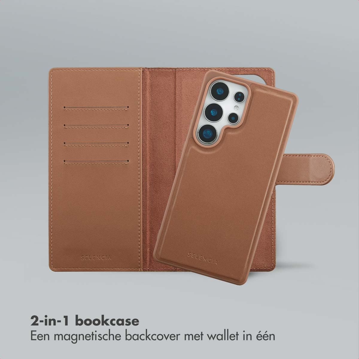Un étui portefeuille 2-en-1 marron, ouvert pour afficher le téléphone et les fentes pour cartes. La marque SELENCIA est visible.