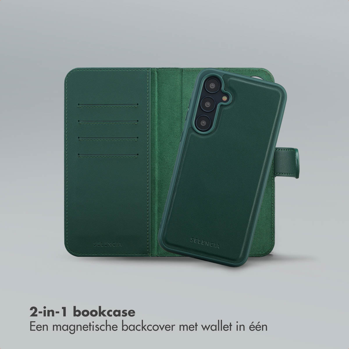 Una custodia verde per telefono, aperta e chiusa, mostra un telefono. La custodia ha un design a portafoglio e il marchio SELENCIA è visibile.