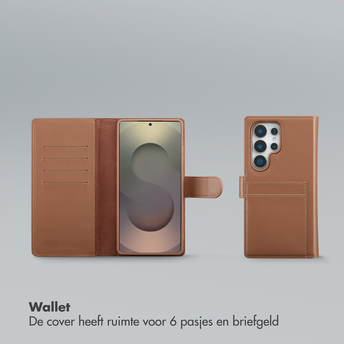 Un étui portefeuille en cuir marron avec un téléphone à l'intérieur. Il comporte des fentes pour cartes et une fermeture magnétique.