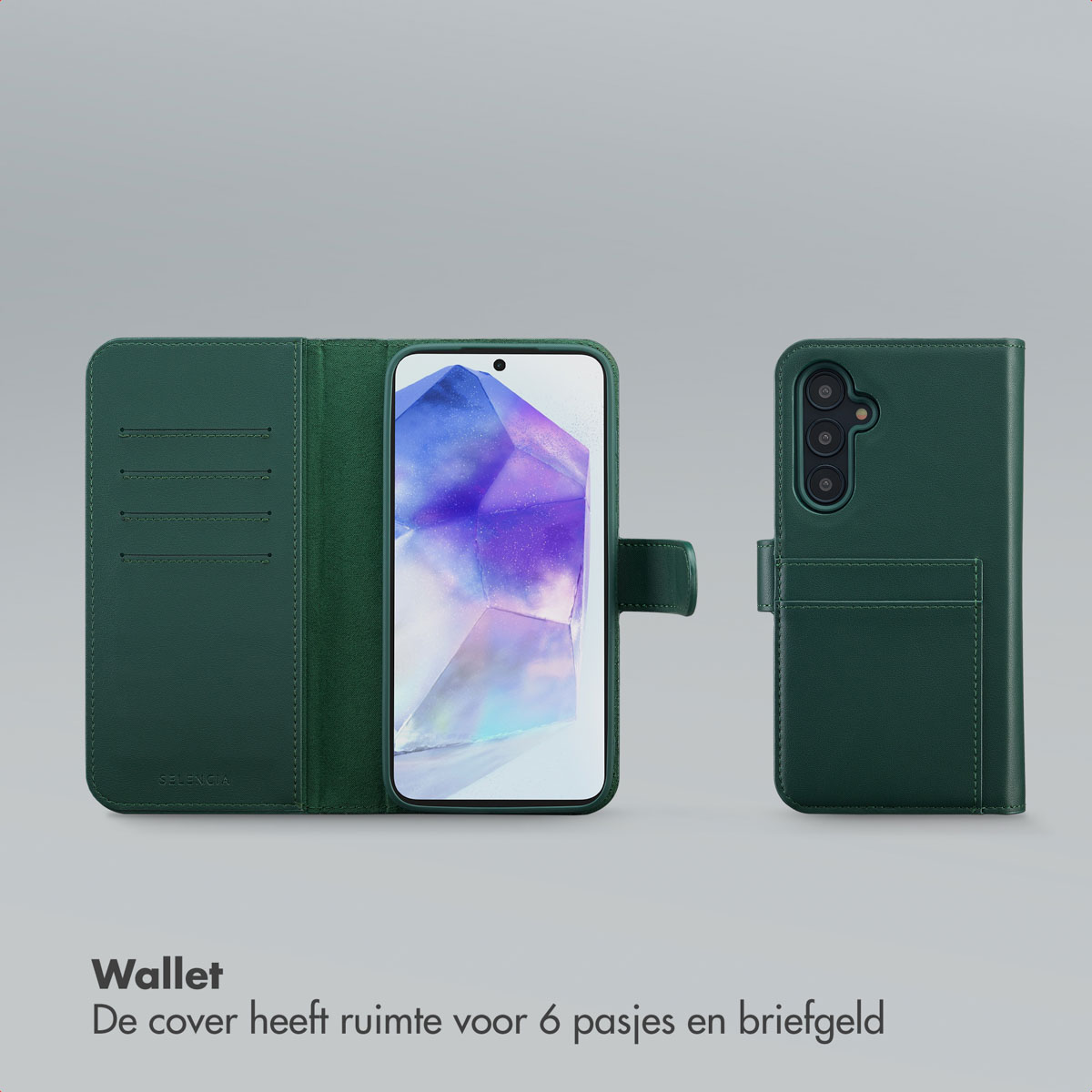 Una custodia a portafoglio verde per telefono è mostrata aperta e chiusa. La custodia aperta rivela uno schermo del telefono.