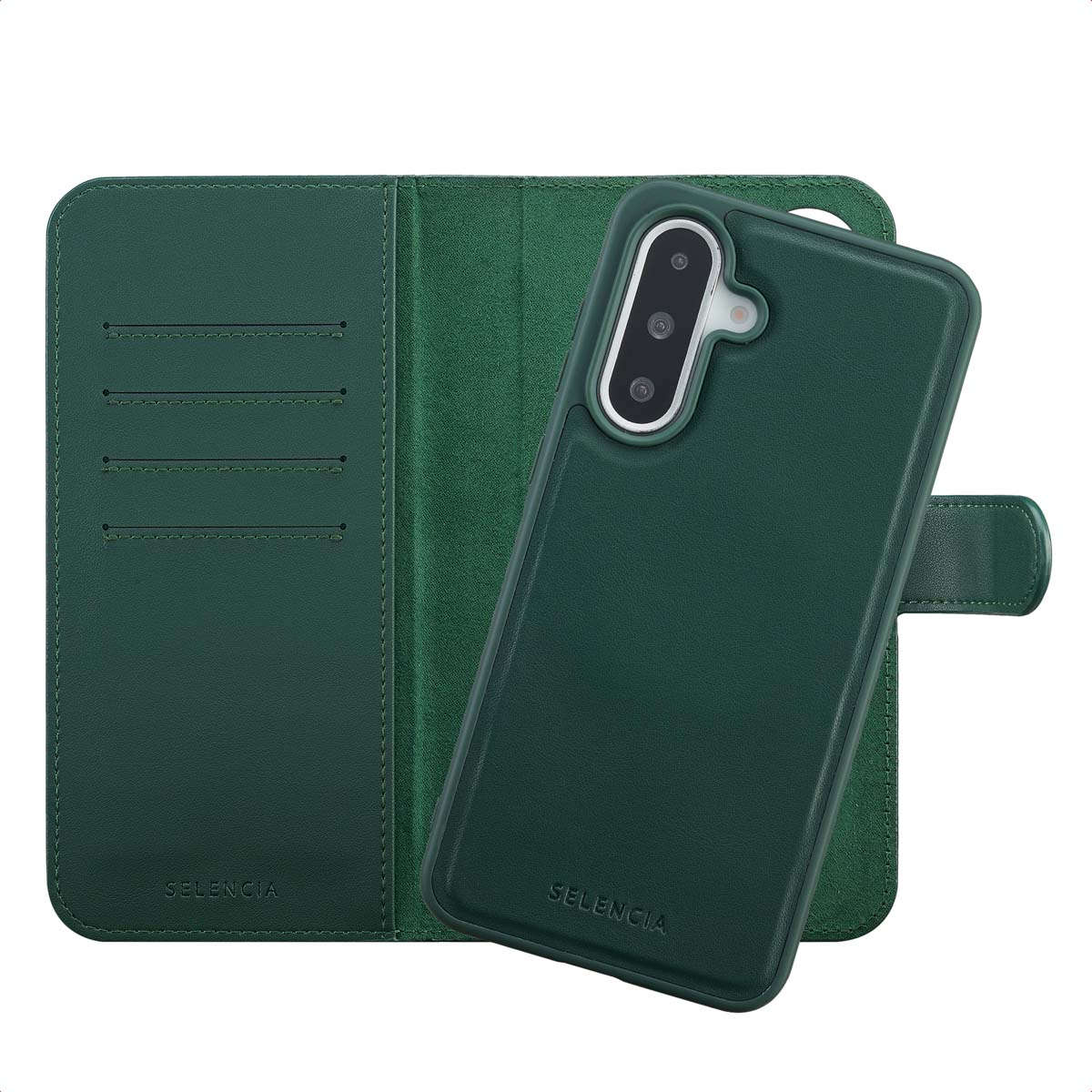 Een groene telefoonhoes en een telefoon. De hoes is open, met de telefoon en kaartsleuven. De merknaam is Selencia.