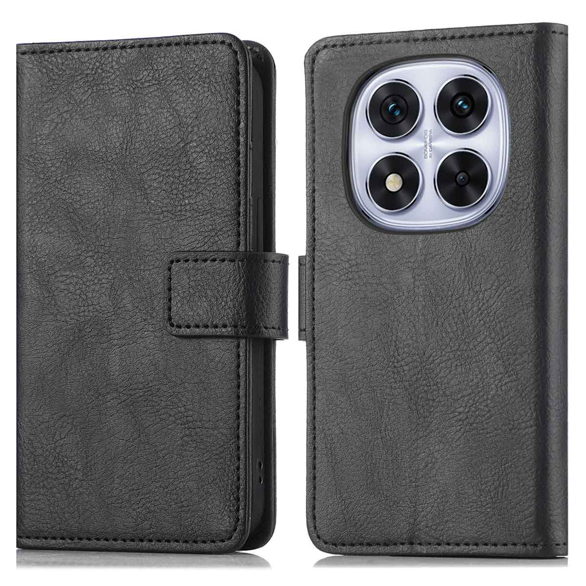 Étui de téléphone en cuir noir avec découpe pour caméra. Dispose d'une fermeture magnétique et d'une surface texturée.
