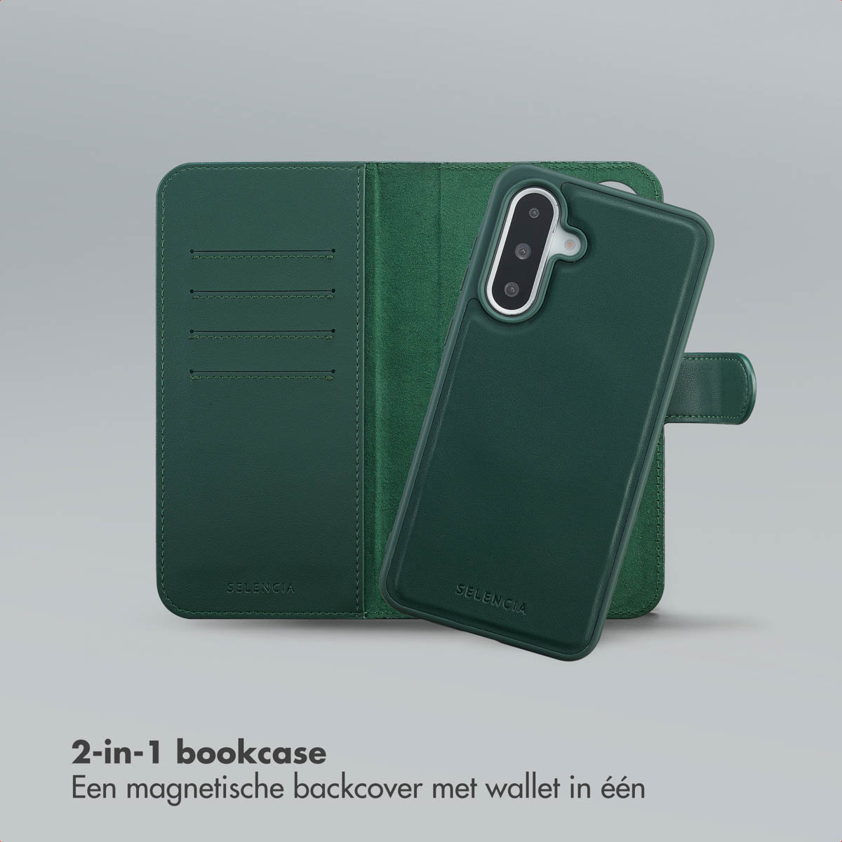 Een groene telefoonhoes in 2-in-1 boekstijl, met magnetische achterkant en portemonnee. Het merk 'SELENCIA' is zichtbaar.