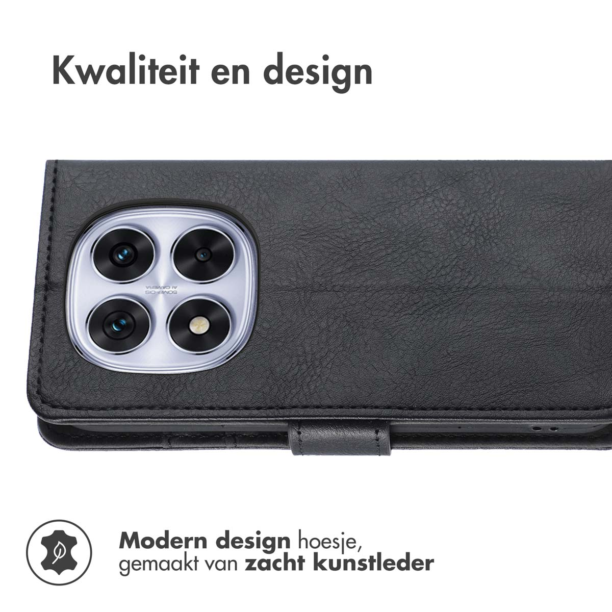 Coque de téléphone noire avec module caméra. L'étui est en cuir artificiel. Texte : Qualité et design, Étui design moderne.