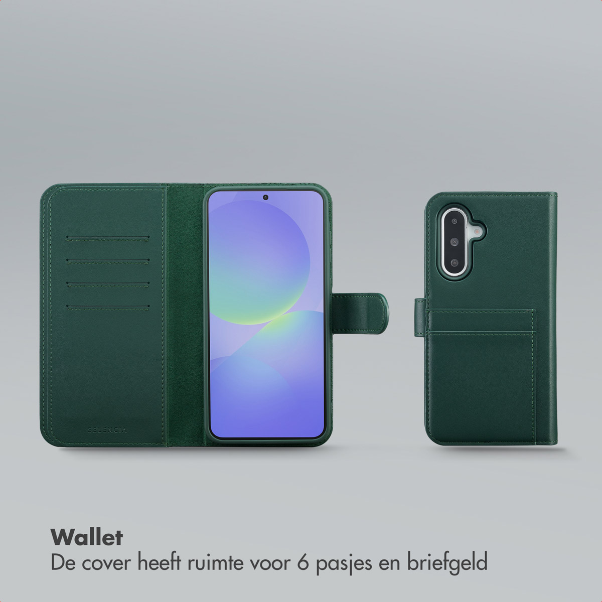 Groene telefoon portemonnee case, open en dicht. Toont een telefoonscherm en kaartsleuven. Tekst: 'Wallet'.