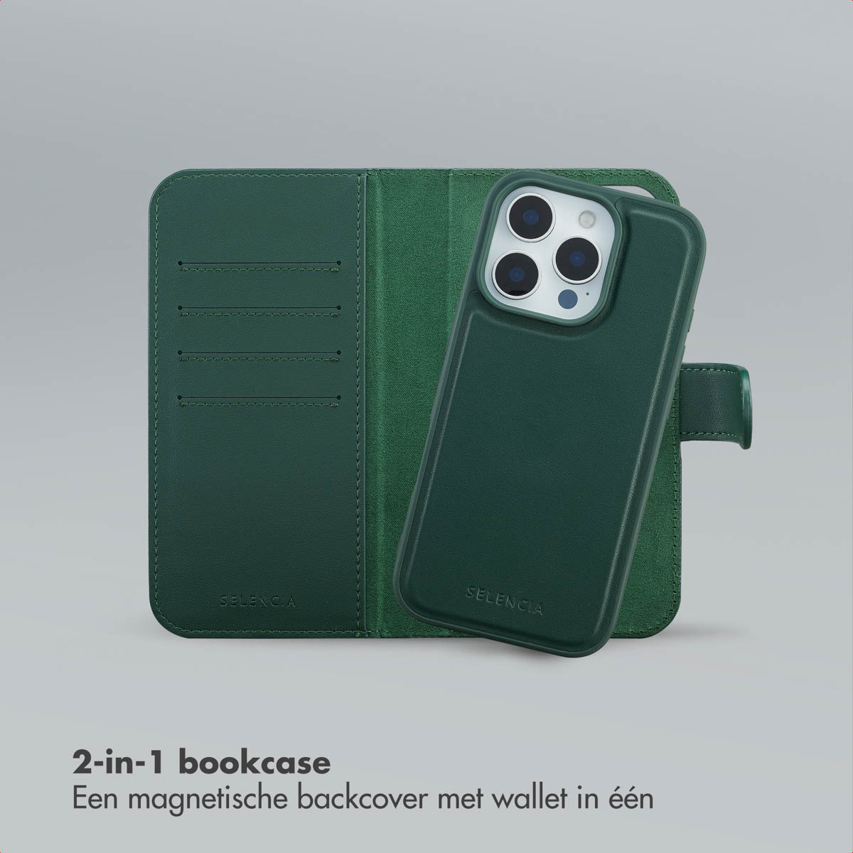 Een groene telefoonhoes met portemonnee, open. De hoes staat op een grijze achtergrond.