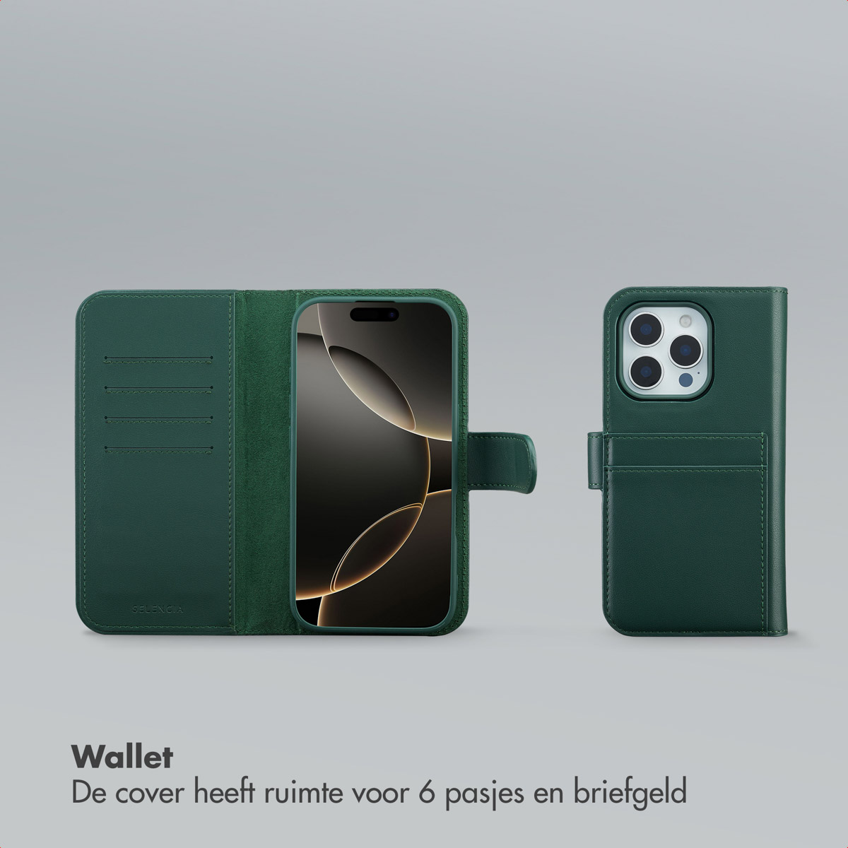 Groene leren telefoonhoes met geïntegreerde portemonnee. De telefoon zit in de hoes, open. Een ander deel van de hoes is rechts.
