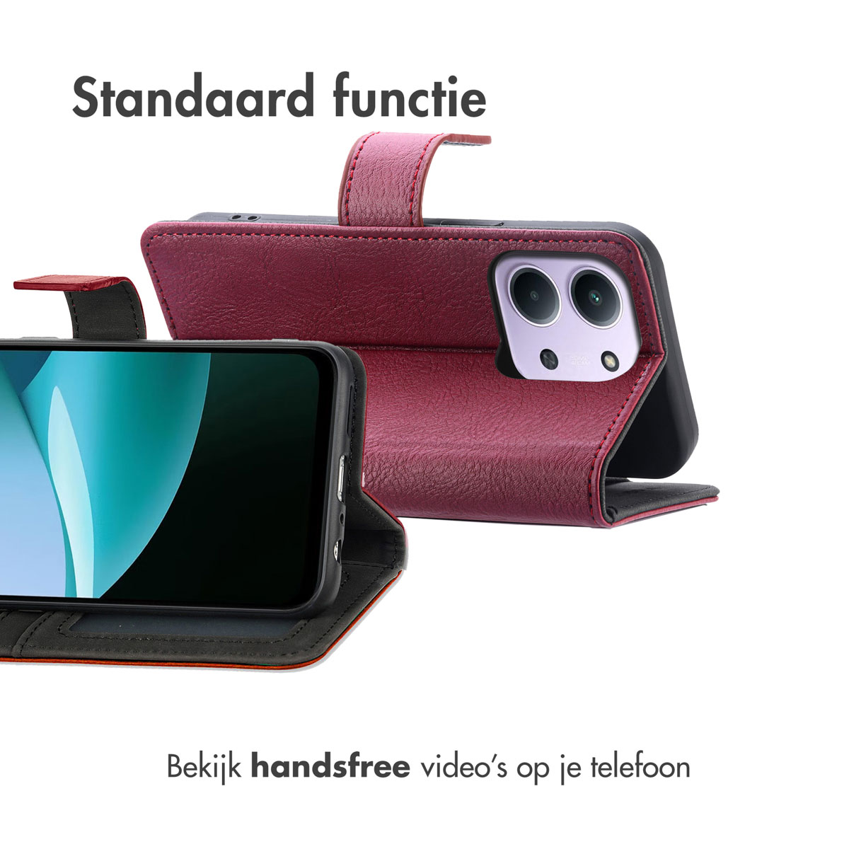 Étui de téléphone bordeaux, avec un téléphone à l'intérieur. L'étui est ouvert pour afficher l'écran. Texte: 'Fonction standard' et 'Bekijk handsfree video's'.