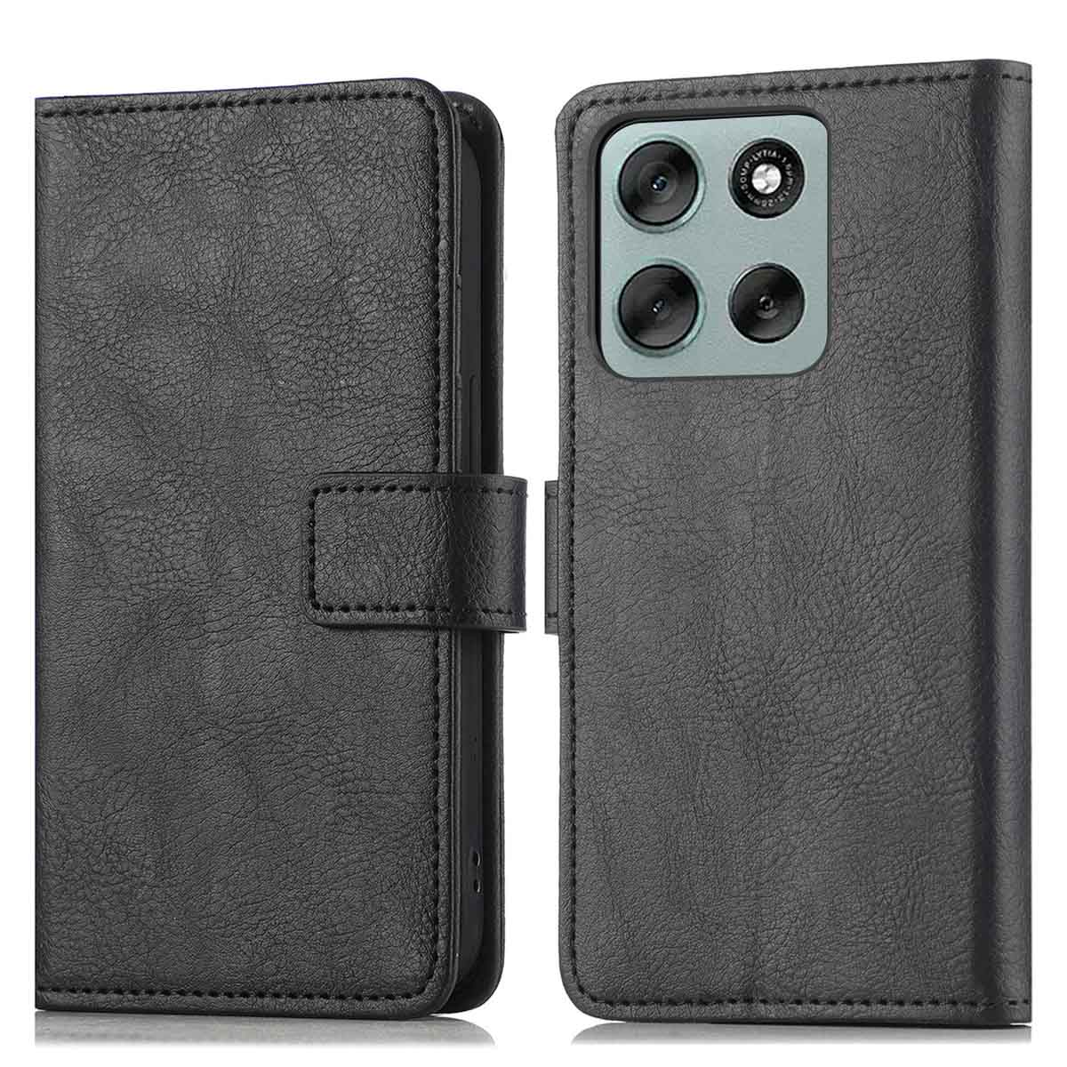 Zwarte leren telefoonhoes, open om de telefoon te laten zien. De telefoon heeft vier camera's. De hoes heeft een magnetische sluiting.