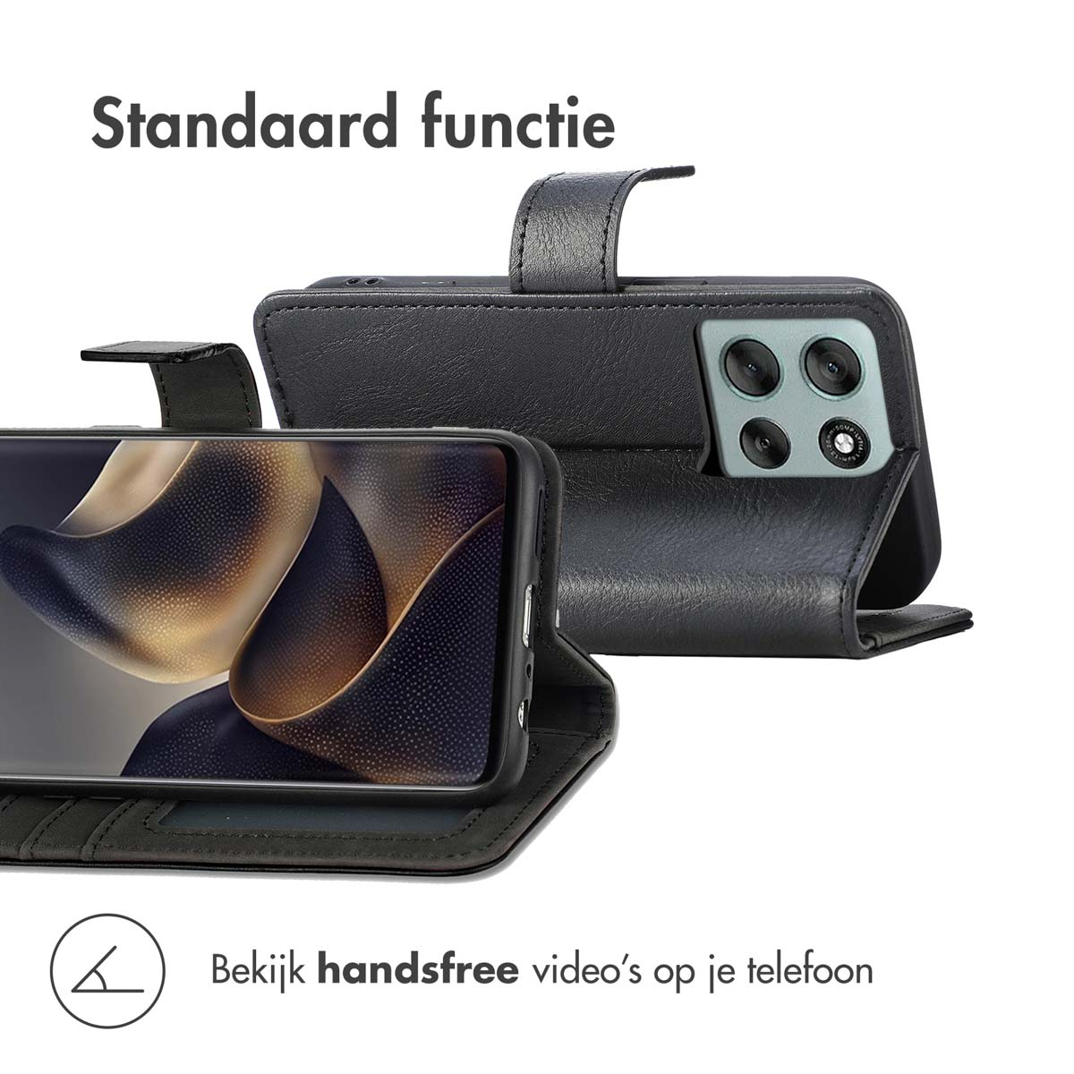 Zwarte telefoonhoes met telefoon, toont een golvend beeld. Boven: Standaardfunctie.