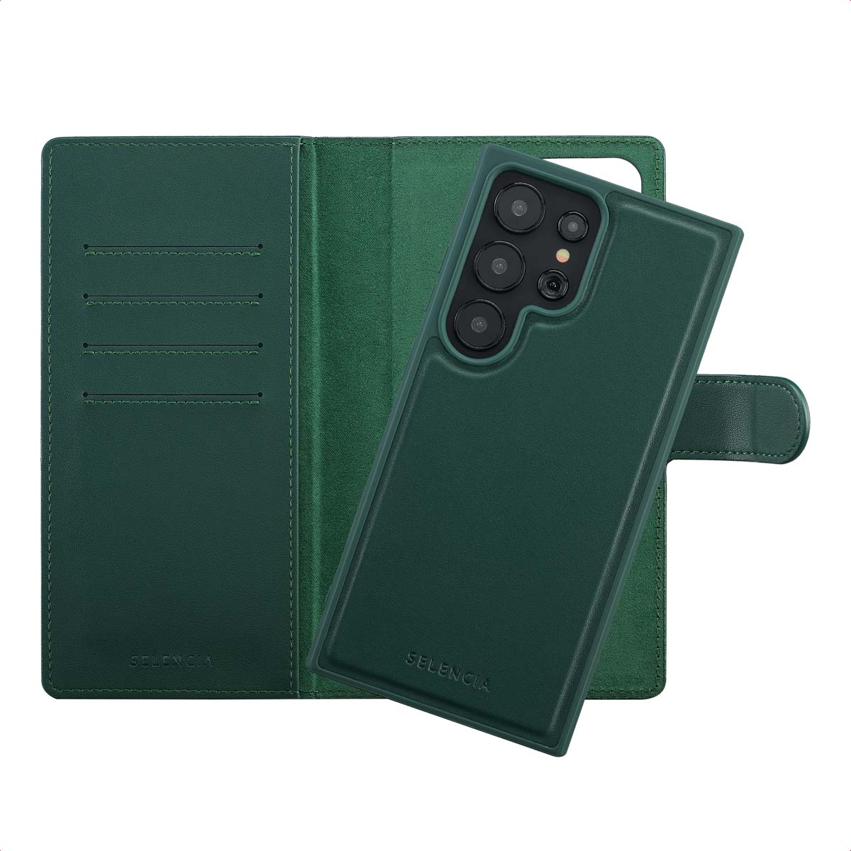 Een groene telefoonhoes met een portemonnee-ontwerp. De telefoon staat rechts. De portemonnee staat links. De achtergrond is wit.