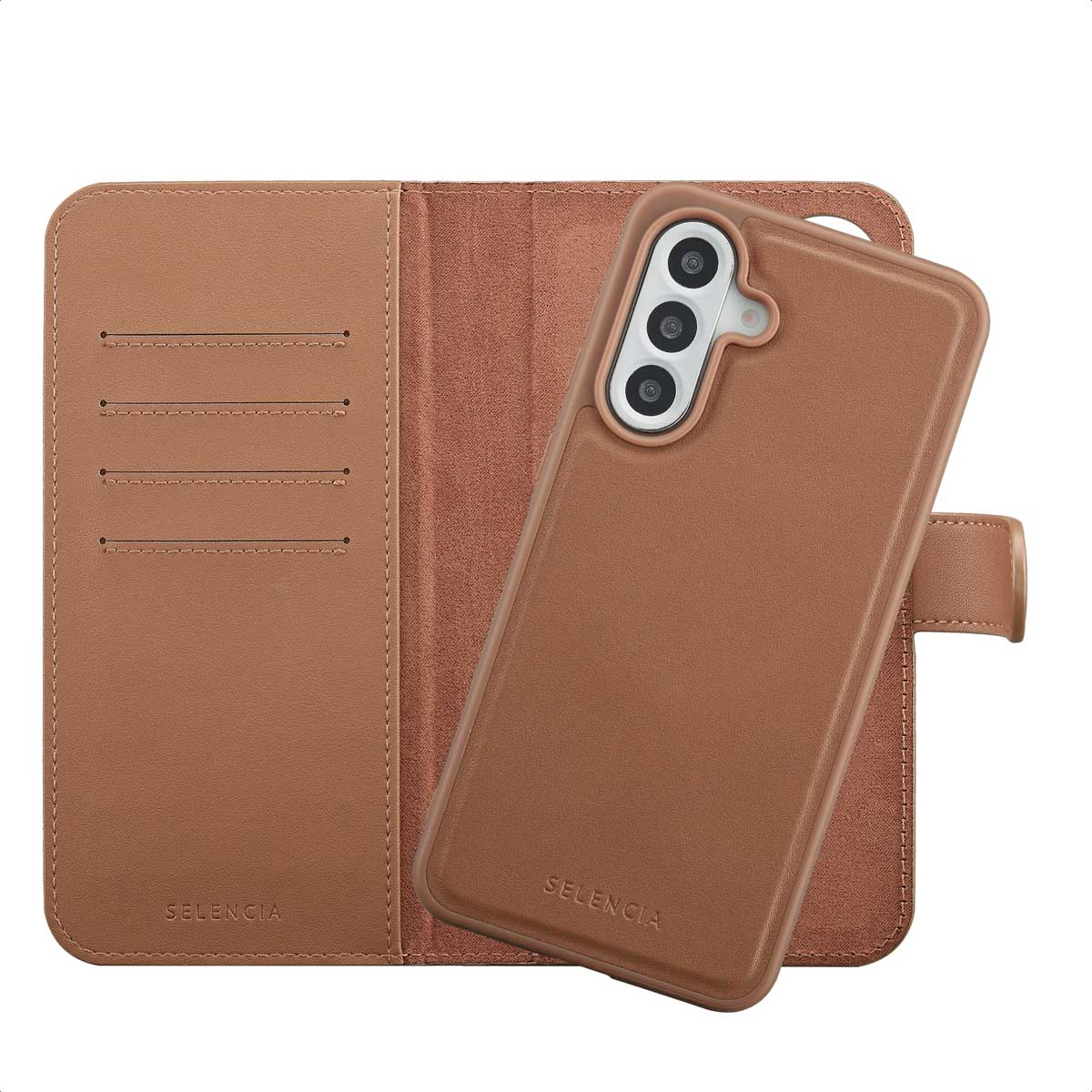 Un étui de téléphone et un portefeuille en cuir marron. L'étui a trois caméras. Le portefeuille a des fentes pour cartes et la marque SELENCIA.
