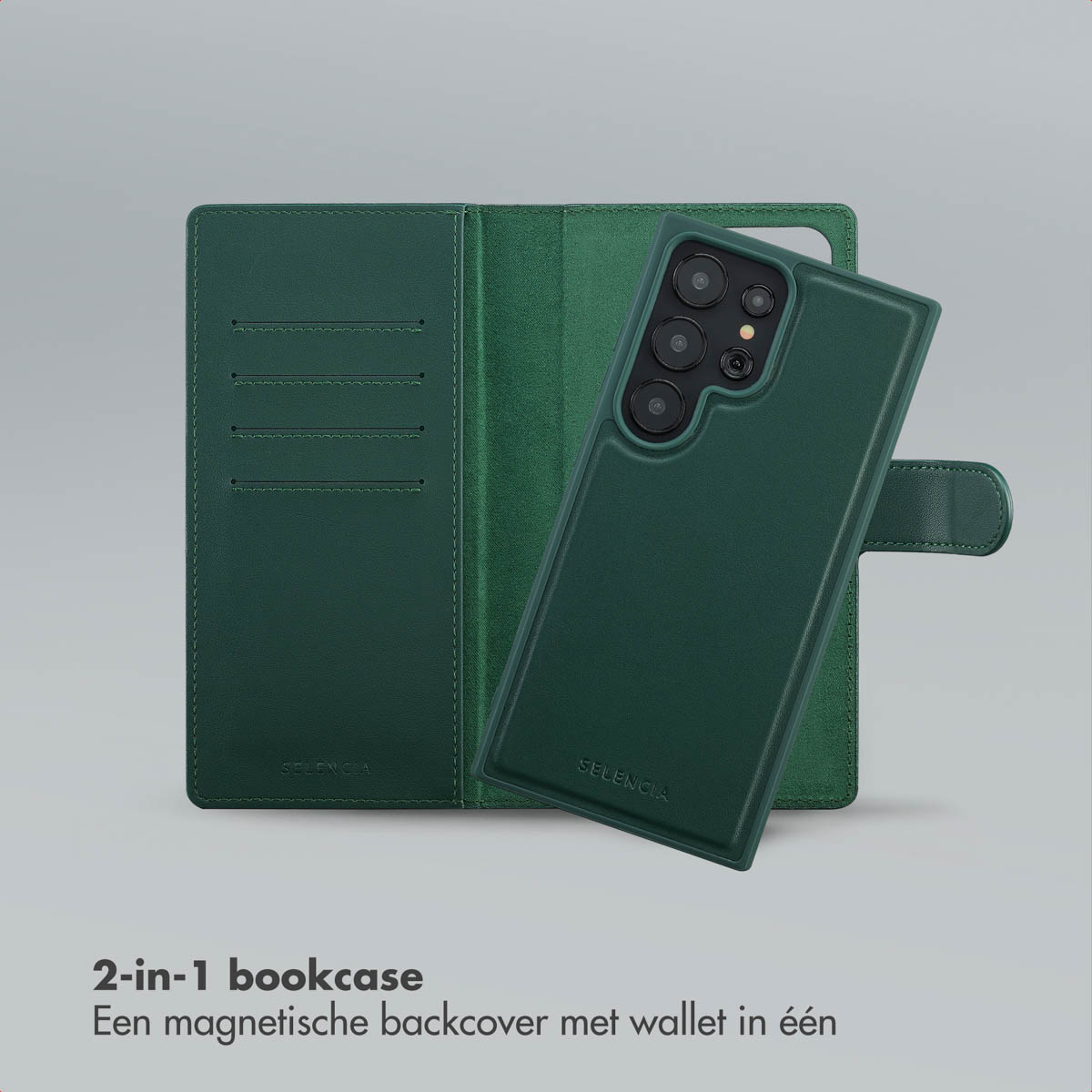 Een groene 2-in-1 boeken telefoonhoes, open, met een telefoon erin. De hoes heeft sleuven voor kaarten en het merk SELENCIA is zichtbaar.