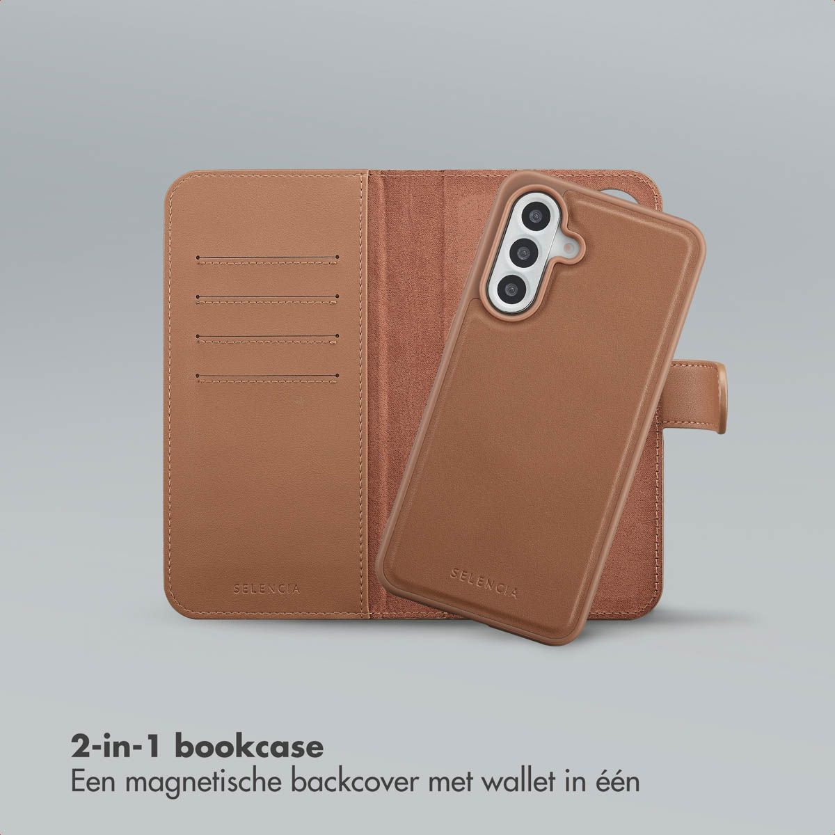 Un étui de téléphone marron avec des fentes pour cartes et une couverture arrière magnétique. L'étui est ouvert, montrant le téléphone et le portefeuille.