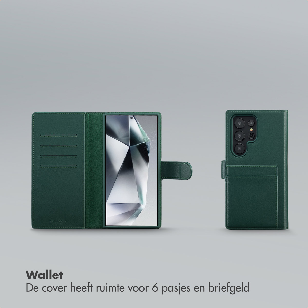 Groene telefoonportemonnee open en dicht. De open portemonnee heeft kaartsleuven en een telefoon. De gesloten portemonnee heeft een kaartsleuf.