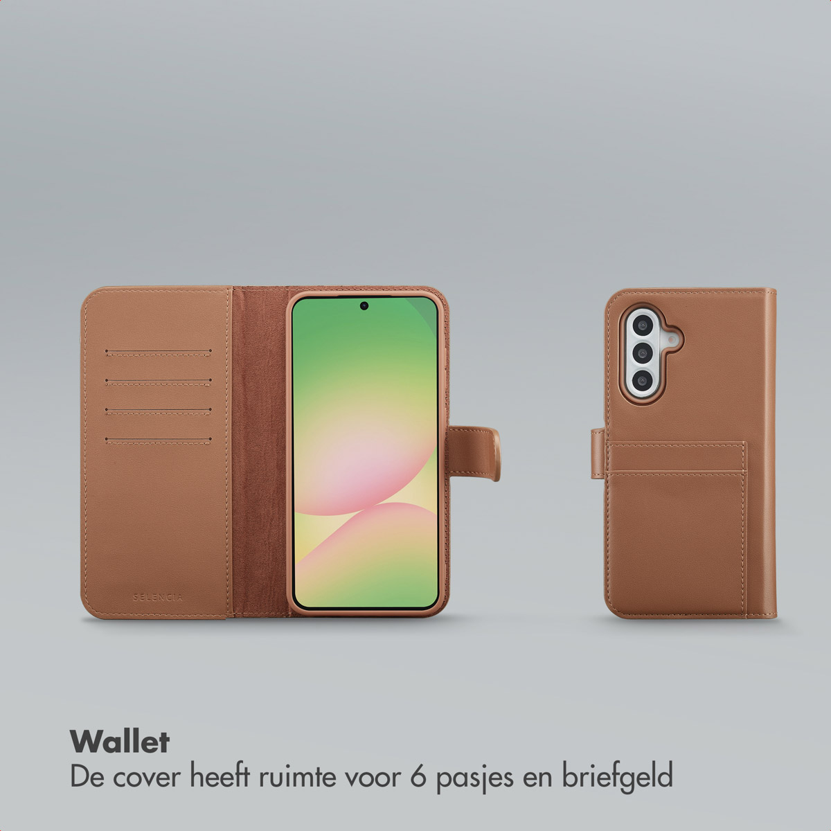 Étui portefeuille en cuir marron pour smartphone, ouvert et fermé, avec fentes pour cartes et écran avec fond dégradé.