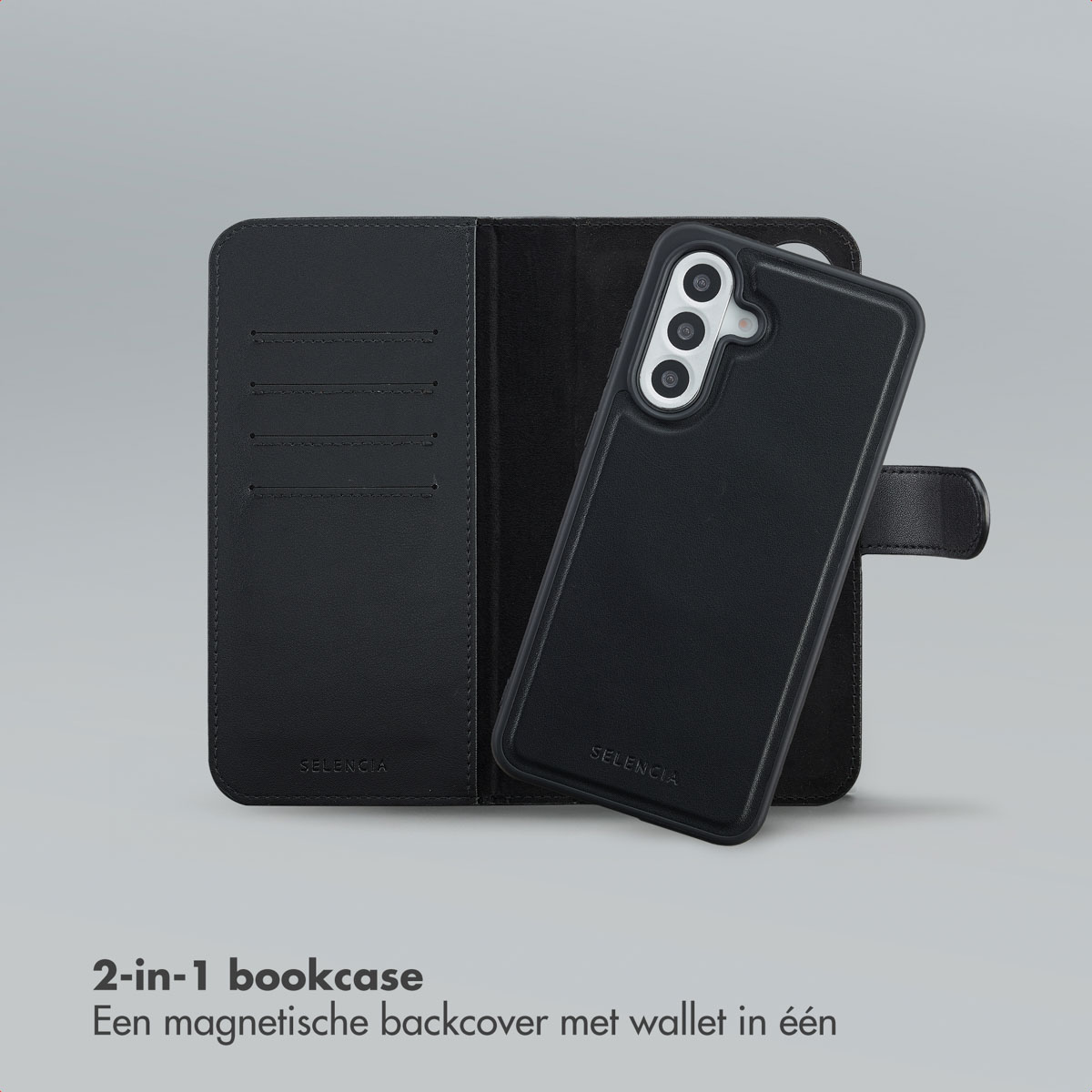 Zwarte telefoonhoes met portemonnee en boekcover ontwerp. Inclusief kaartsleuven en een magnetische achterkant. Het merk is SELENCIA.