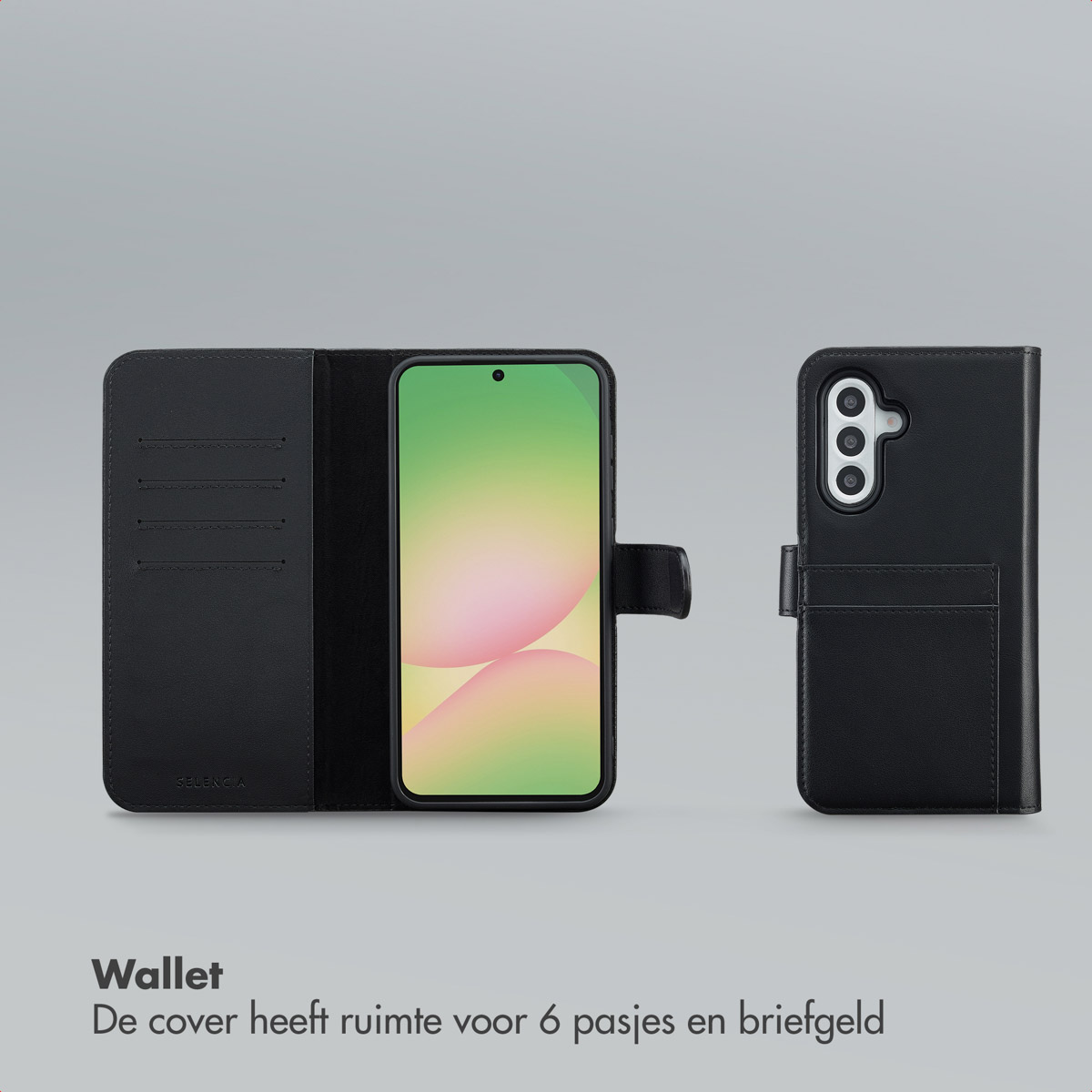 Een zwarte telefoonportemonnee, open en dicht, met een telefoon erin. De open hoes toont kaartsleuven. Tekst: Portemonnee. Ruimte voor 6 kaarten.