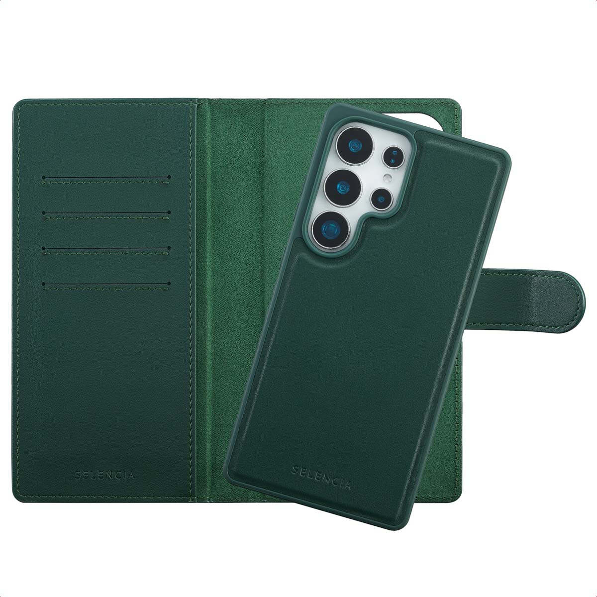 Un étui de téléphone vert avec un design portefeuille est ouvert. Un téléphone est placé à l'intérieur. La marque 'Selencia' est visible.