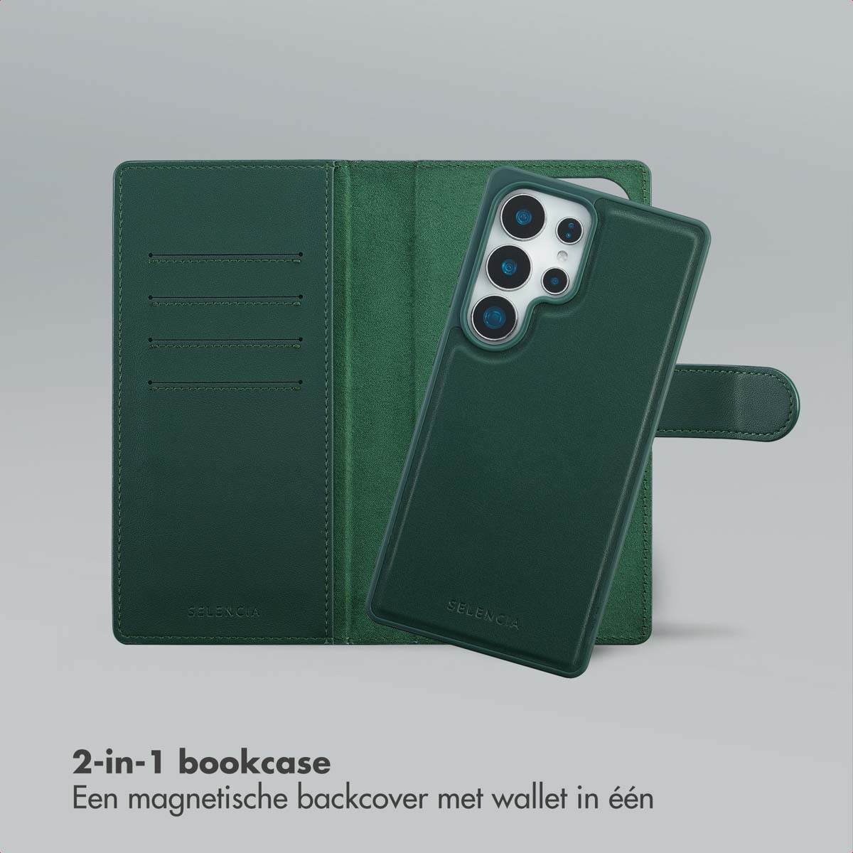 Un étui de téléphone vert avec une fonction portefeuille est ouvert, présentant le téléphone. La marque SELENCIA est visible. Le texte en dessous dit 2-en-1 étui.