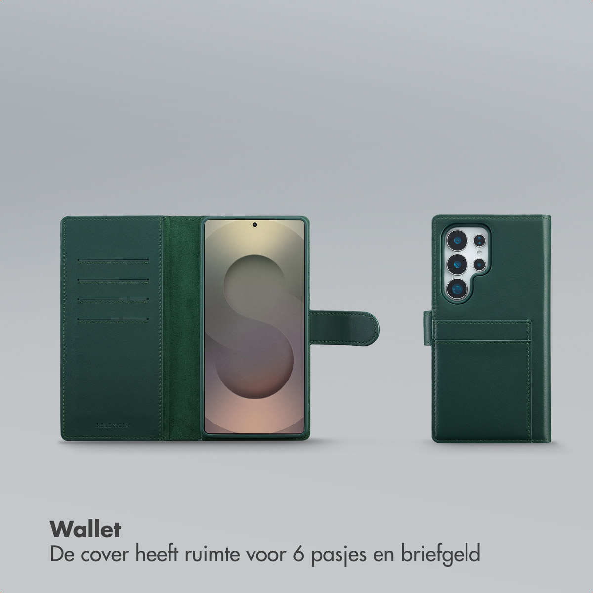 Un étui portefeuille vert pour téléphone est ouvert pour montrer un téléphone à l'intérieur et fermé pour montrer le dos. Il y a de la place pour les cartes et l'argent.