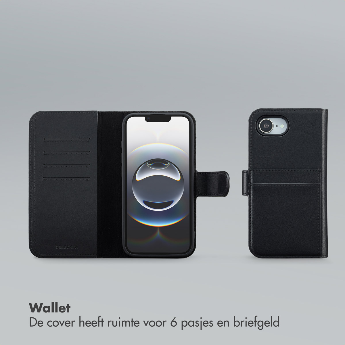 Zwarte telefoonhoes met een telefoon erin en een andere ernaast. De hoes is open en heeft kaartsleuven.