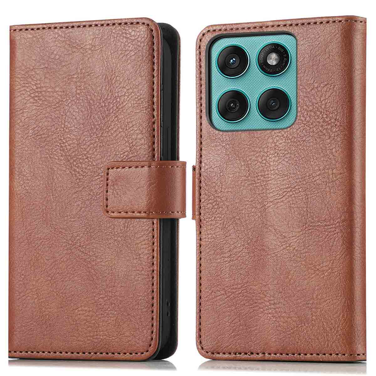 Étui de téléphone en cuir marron ouvert. L'étui a une fermeture magnétique et 4 objectifs.