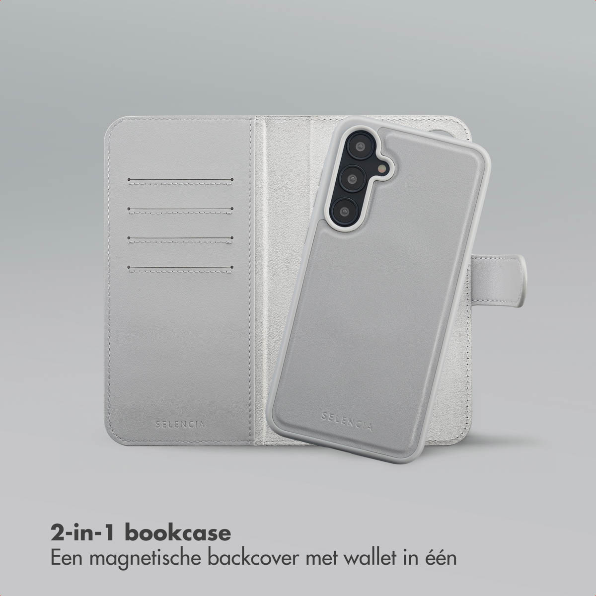 Una custodia per telefono grigio chiaro con una cover a portafoglio. La custodia è leggermente angolata, mostrando la fotocamera. Testo: 'SELENCIA'.