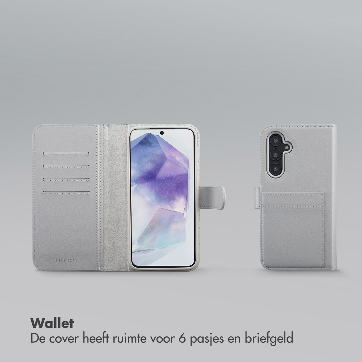 Una custodia a portafoglio grigio chiaro per telefono, aperta e chiusa, con un telefono all'interno. La custodia aperta mostra gli slot per schede. Lo sfondo è semplice.