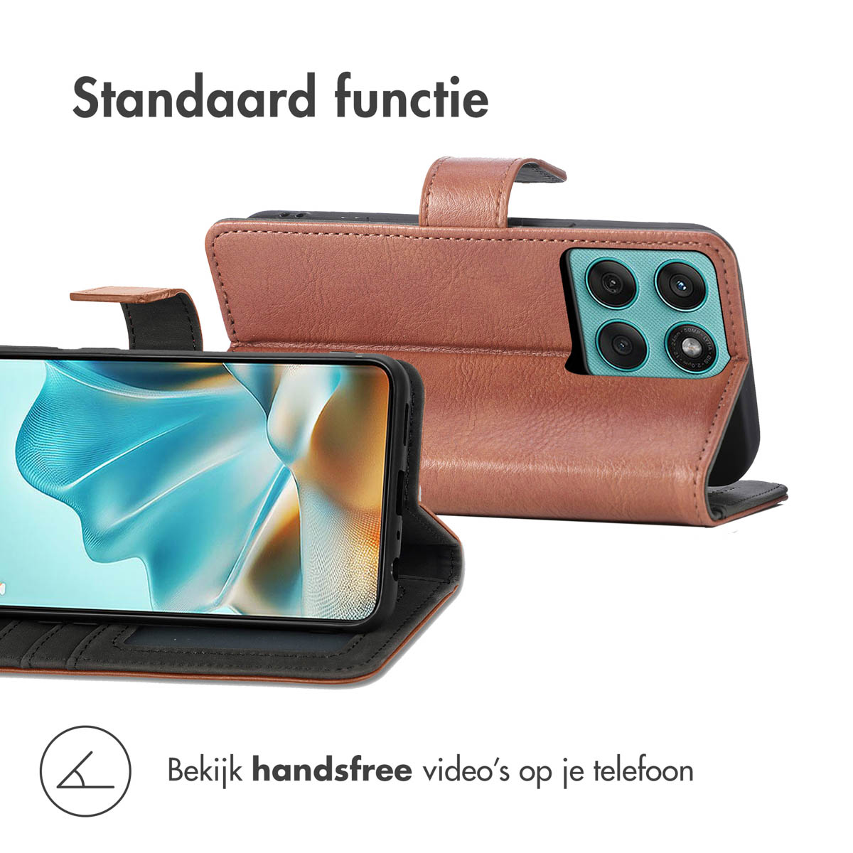 Un étui de téléphone marron avec un téléphone à l'intérieur. L'étui est ouvert et le téléphone affiche une image. Le texte en haut indique 'Standaard functie'.