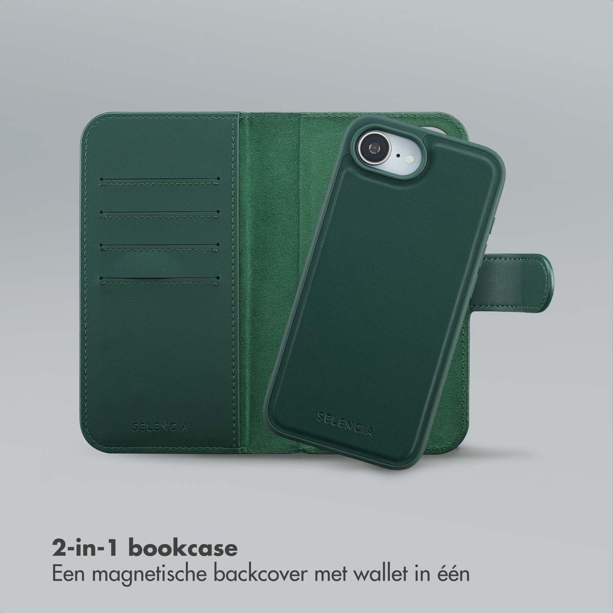 Groene telefoonhoes met portemonnee. De hoes is open en toont kaartsleuven en een magnetische achterkant. De merknaam is Selencia.