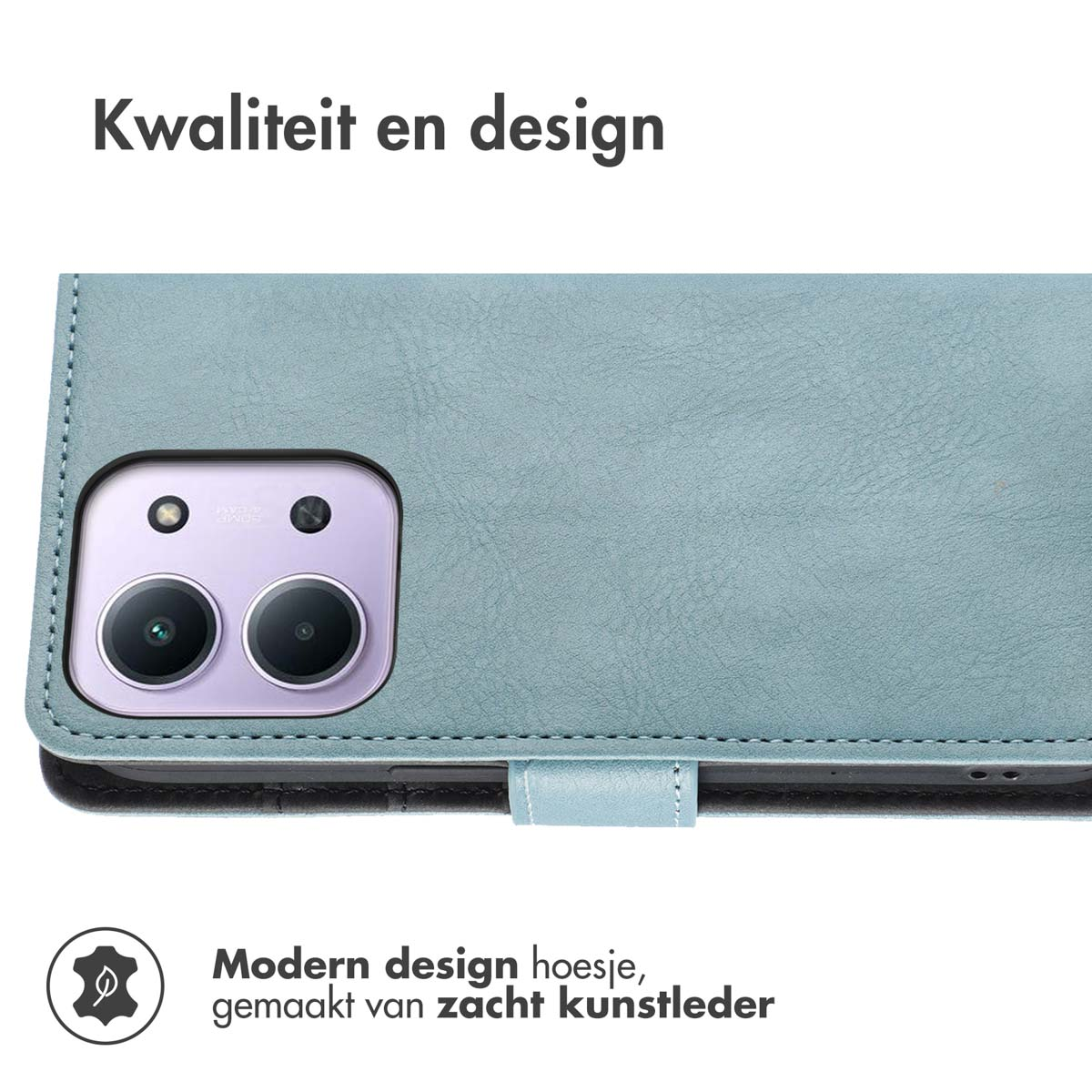 Close-up van een blauwgroene telefoonhoes met een cameramodule. Tekst zegt 'Kwaliteit en design' en 'Modern design hoesje, gemaakt van zacht kunstleder'.