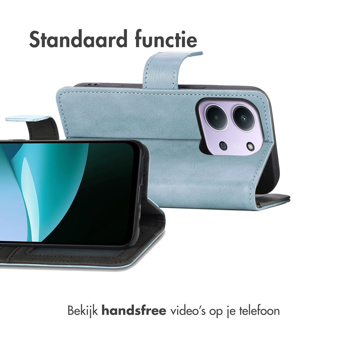 Een telefoon in een lichtblauwe hoes, geopend om het scherm weer te geven. Boven staat 'Standaardfunctie'. Hieronder staat 'Bekijk handsfree video's op je telefoon'.