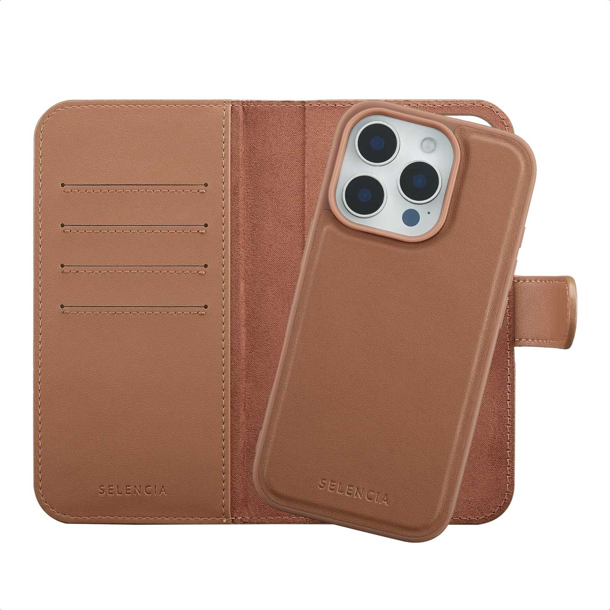 Un étui de téléphone en cuir marron avec des fonctions de portefeuille. Un téléphone est dans l'étui. La marque SELENCIA est visible.