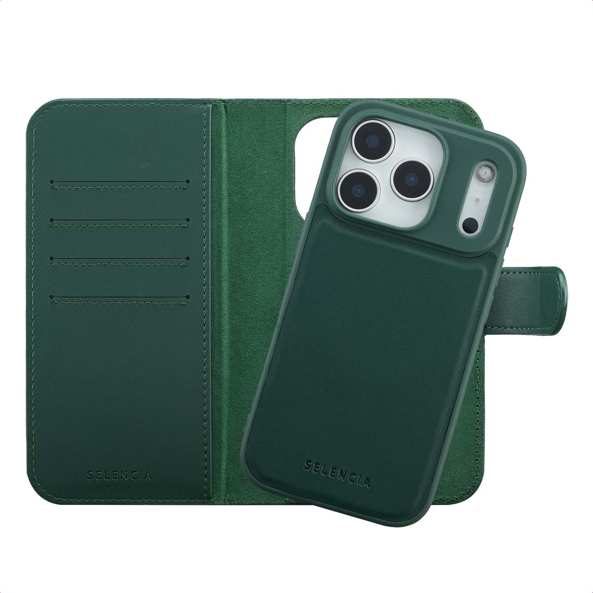 Un étui de téléphone vert avec un design folio. L'étui a un téléphone, des emplacements pour cartes et une fermeture magnétique.