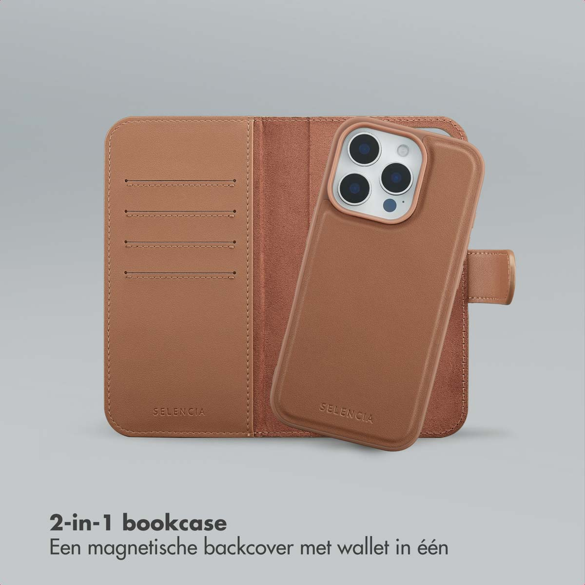 Un étui de téléphone marron avec une fonction portefeuille. L'étui a une coque arrière magnétique et un portefeuille. La marque SELENCIA est visible.