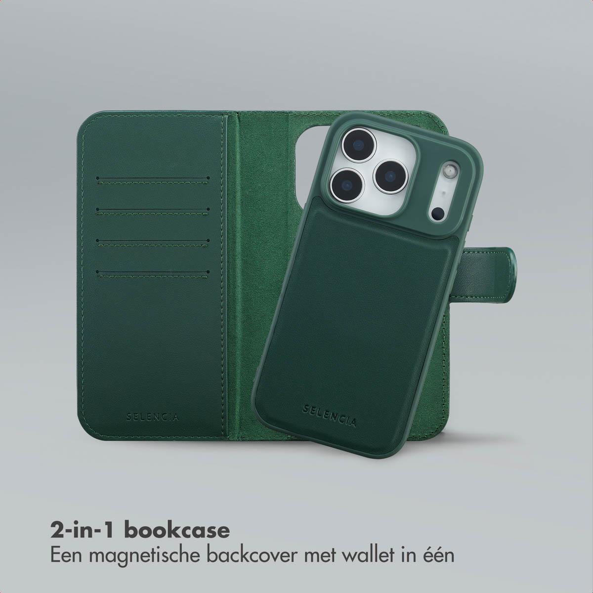 Un étui et portefeuille de téléphone vert, design 2-en-1. L'étui est ouvert, affichant un iPhone. La marque est 'SELENCIA'.
