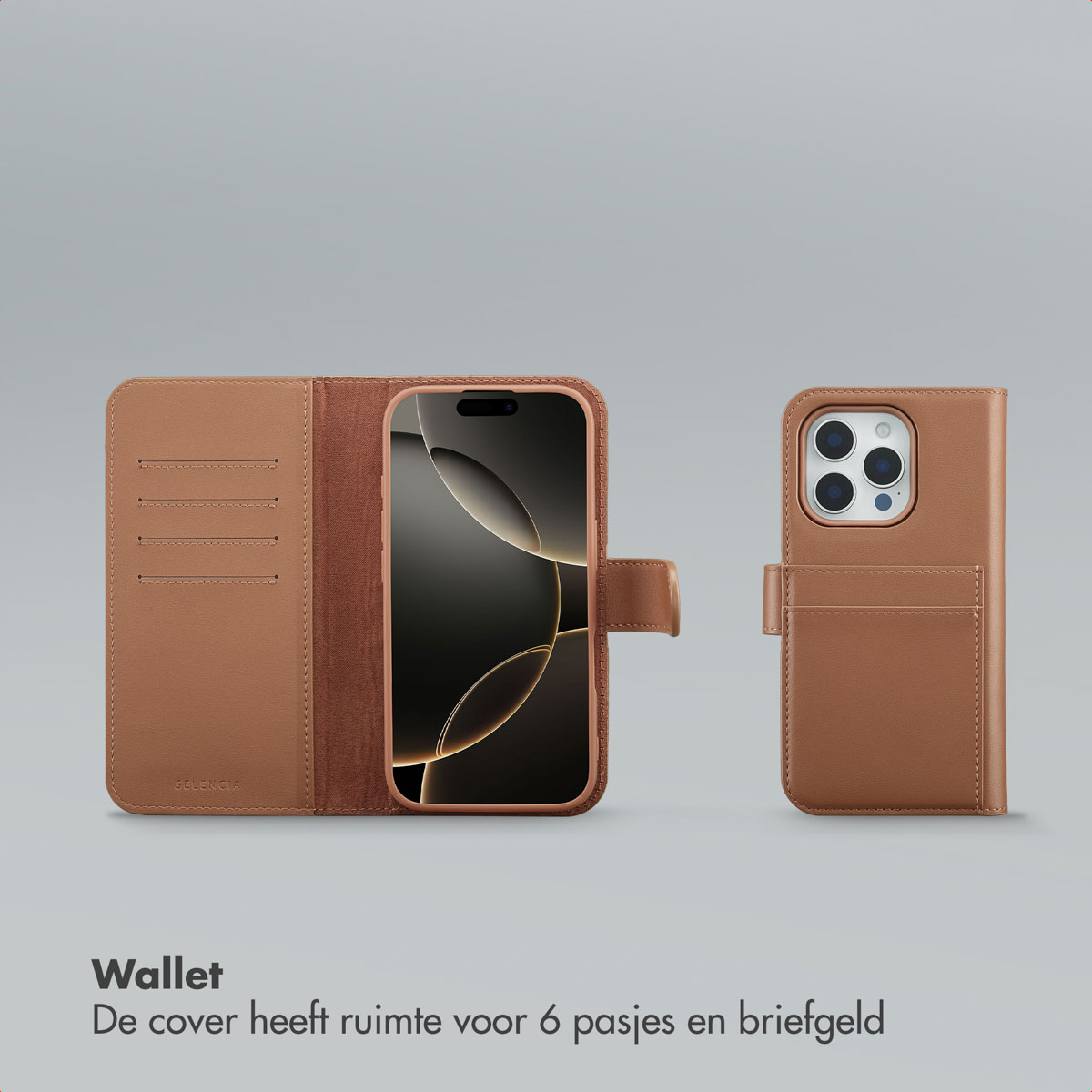 Un étui de téléphone en cuir marron avec un téléphone à l'intérieur. Il dispose également d'un porte-cartes séparé. L'étui est ouvert pour montrer le téléphone.